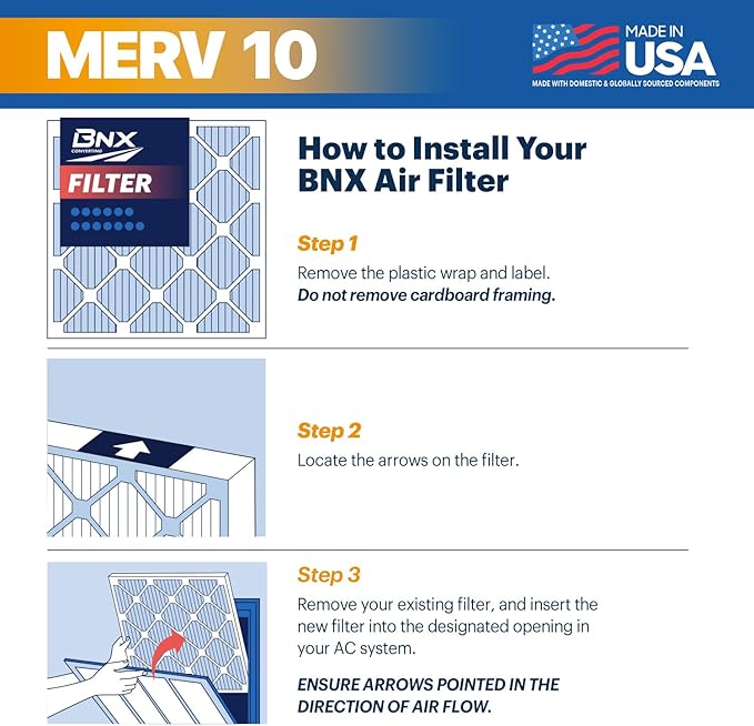 BNX TruFilter 12x12x1 MERV 10 (2-Pack) AC Furnace Air Filter - MADE IN USA - Pleated Air Conditioner HVAC AC Furnace Filters - Removes Odor, Mold, Bacteria, Smoke