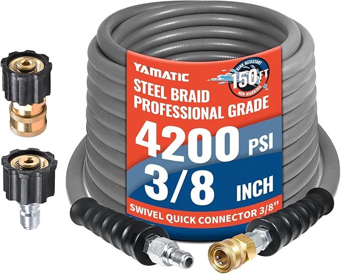 YAMATIC Non Marking 3/8" Pressure Washer Hose 150FT 4200 PSI, Kink Resistant Swivel 3/8" Quick Connect, Rubber Steel Braided Wear Resistant Industry Grade for Hot/Cold Water Gas Power Washer