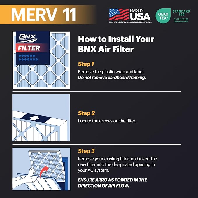 BNX TruFilter 20x22x1 Air Filter MERV 11 (4-Pack) - MADE IN USA - Allergen Defense Electrostatic Pleated Air Conditioner HVAC AC Furnace Filters for Allergies, Dust, Pet, Smoke, Allergy MPR 1200 FPR 7