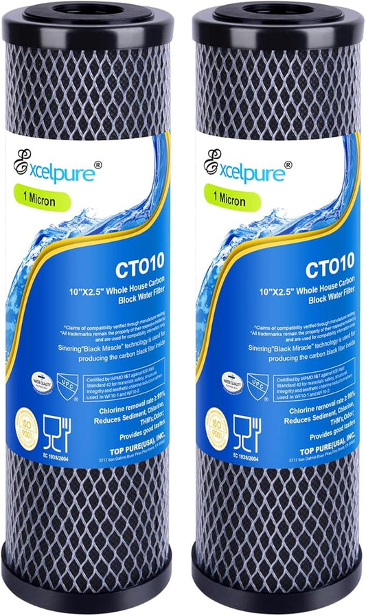 EXCELPURE 1 Micron 10" x 2.5" Whole House CTO Carbon Water Filter Cartridge Replacement for Home Countertop System, Dupont WFPFC8002, WFPFC9001, FXWTC, SCWH-5, WHEF-WHWC, WHCF-WHWC, CTO10, T01, 2PACK