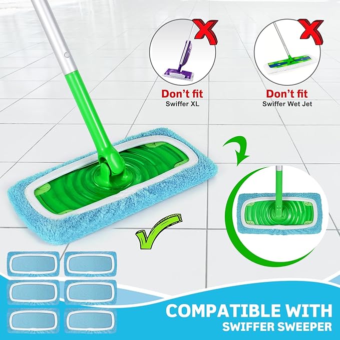 Reusable Mop Pads Compatible with Swiffer Sweeper Mop, Microfiber Mop Pads for Wet & Dry Use, Swiffer Reusable Mop Pad Refill for Floor Cleaning, 6 Pack Blue