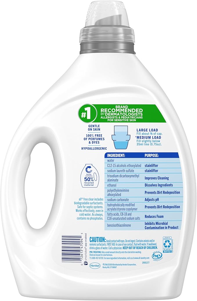all free clear, Original, Liquid Laundry Detergent for Sensitive Skin, Unscented and Hypoallergenic, Concentrated, 82.5oz, 110 Loads