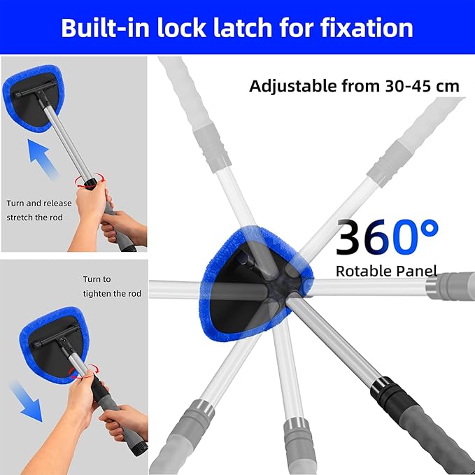 desin Windshield Cleaning Tool, Car Window Cleaner Windshield Cleaner with 4 Reusable and Washable Microfiber Pads and Extendable Handle Auto Inside Glass Wiper Kit