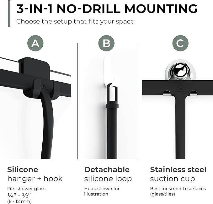 GÜTEWERK Shower Squeegee for Glass Doors, Silicone Window Squeegee, Bathroom and Glass Cleaning - Black - 9 Inch