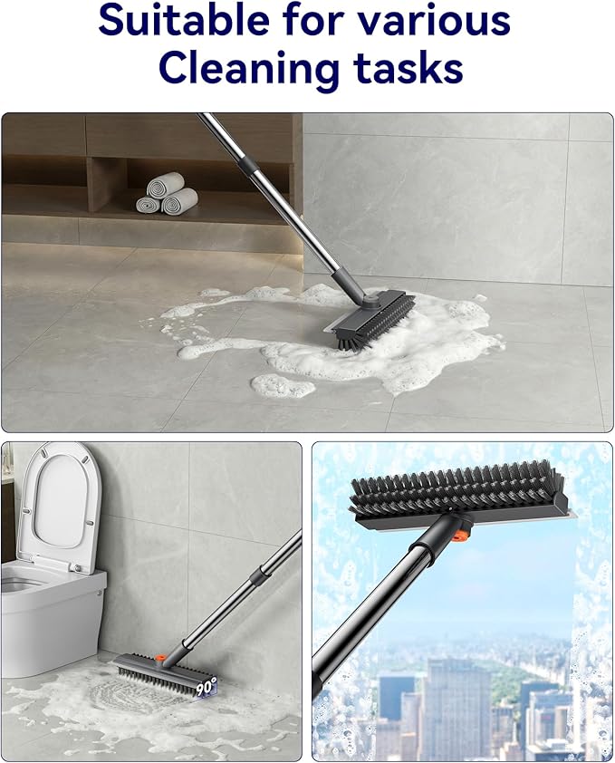 Small Floor Scrub Brush with Length Adjustable Long Handle, 3 in 1 Heavy-Duty Stiff Bristle Scrubber Brush with Squeegee and Tweezer for Cleaning Bathroom, Tile, Deck, Patio, Garage and Kitchen