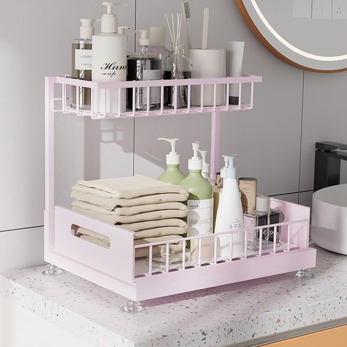Under Sink Organizer Storage 2-Tier Premium Metal Pull-Out Kitchen Cabinet Organizer with Sliding Drawer, Height Adjustable, Heavy Duty for Kitchen & Bathroom Organizers 1 Pack Pink