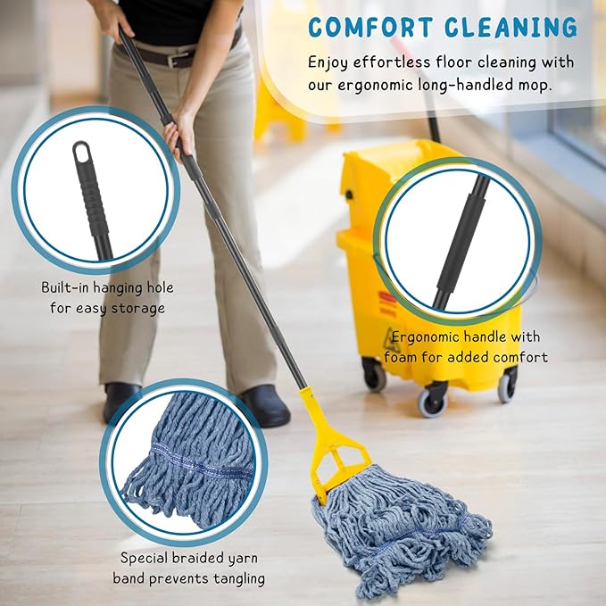 Commercial Mop for Floor Cleaning, 59'' Heavy Duty Industrial Mops with Long Handle, Cotton String Wet Mop for Garage, Office, Warehouse, Home, Workshop (2 Mops Head)