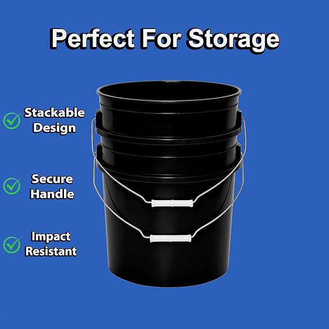 5-Gallon Bucket with Airtight Lid – Heavy-Duty Extra Durable Pail – Made in USA – Premium Quality HDPE – Food Grade – BPA Free – Metal Handle with Plastic Grip – Stackable – Multi-Use – Black, 1 Pack