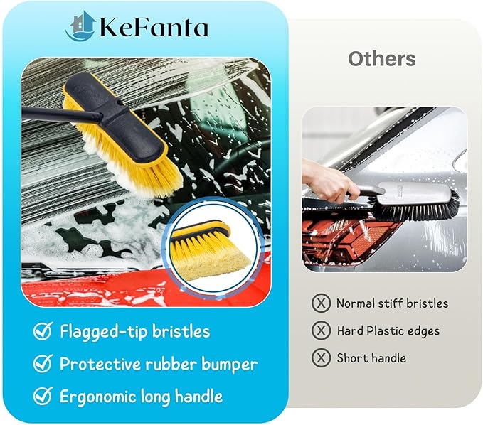 Car Wash Brush with Long Handle, 55'' Vehicles Exterior Washing Supplies, Soft Bristle Scrub Broom for Solar Panel, Boat, RV, Truck, Deck Cleaning, 2 Wax Applicator Pads Included