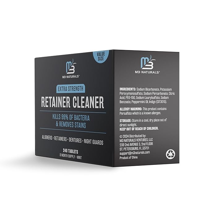 Retainer and Denture Cleansers 240 Tablets Removes Bad Odors Discoloration Stains Plaque for Cleaning Invisalign Mouth Guard Night Guard and Removable Dental Appliances by M3