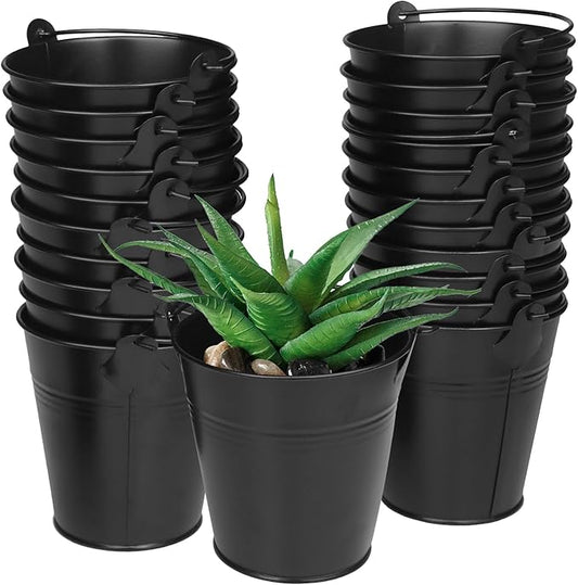 22 Pack 4 Inch Black Mini Metal Bucket, Elegant Galvanized Buckets with Handles, Tin Buckets, Small Iron Bucket, Mini Metal Pail for Party Favors, Crafts, Garden & Beach
