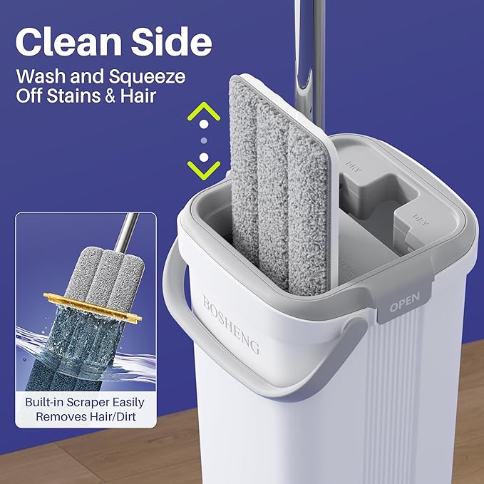 Mop and Bucket Set, Flat Mops for Floor Cleaning, Wall Mop with 60" Extensible Handle, Hardwood Floor Mop with 4 Microfiber Pads