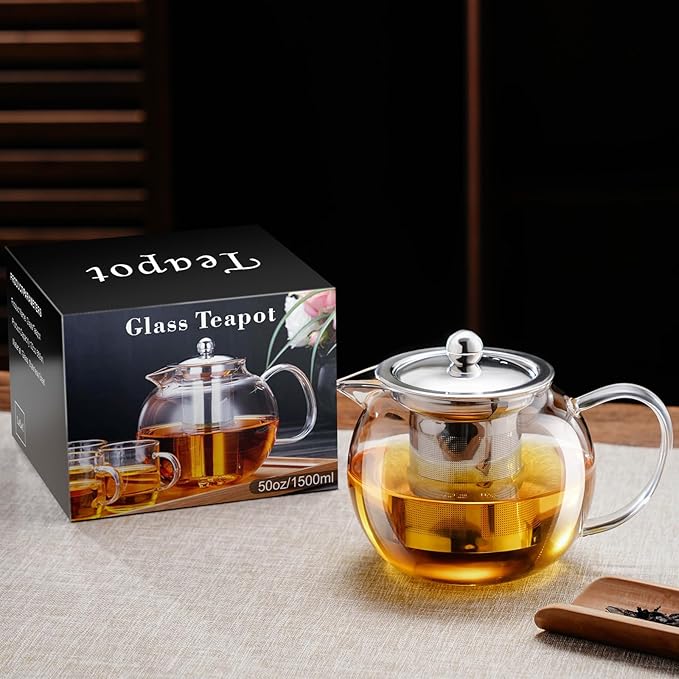PARACITY Glass Teapot Stovetop 50 OZ/1500ml, Tea pot with Removable 18/8 Stainless Steel Infuser, Borosilicate Clear Tea Kettle, Teapot Blooming and Loose Leaf Tea Maker Tea Brewer for Camping, Travel