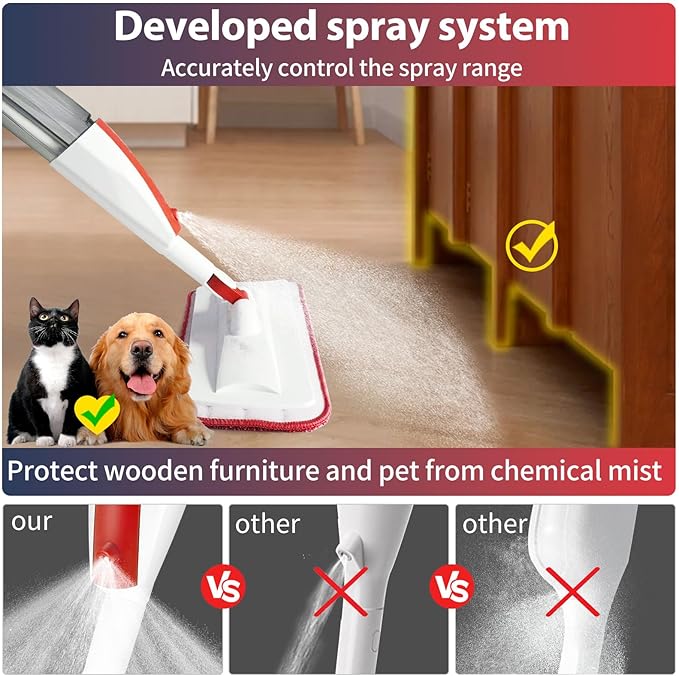 2 Pack Spray Mop for Floor Cleaning, Red & Blue Combo, Refillable 14 oz Bottle and 3 Washable Pads, Wet Dry Mop for Hardwood, Tile, Laminate, Home or Commercial Use
