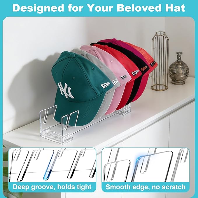 2 Pack Acrylic Hat Organizer for Baseball Caps, Clear Hat Stand for Closet Dresser Bedroom and Shelf - Non-Slip Cap Holder Displays and Holds Up to 14 Tennis or Trucker Hats