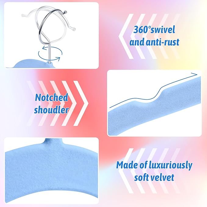 30 Pack Velvet Hangers Multicolor Set – Non-Slip Slim Flocked Clothes Hangers with Notches & 360° Swivel Hook, Space-Saving Felt Hangers for Dresses, Shirts, Coats