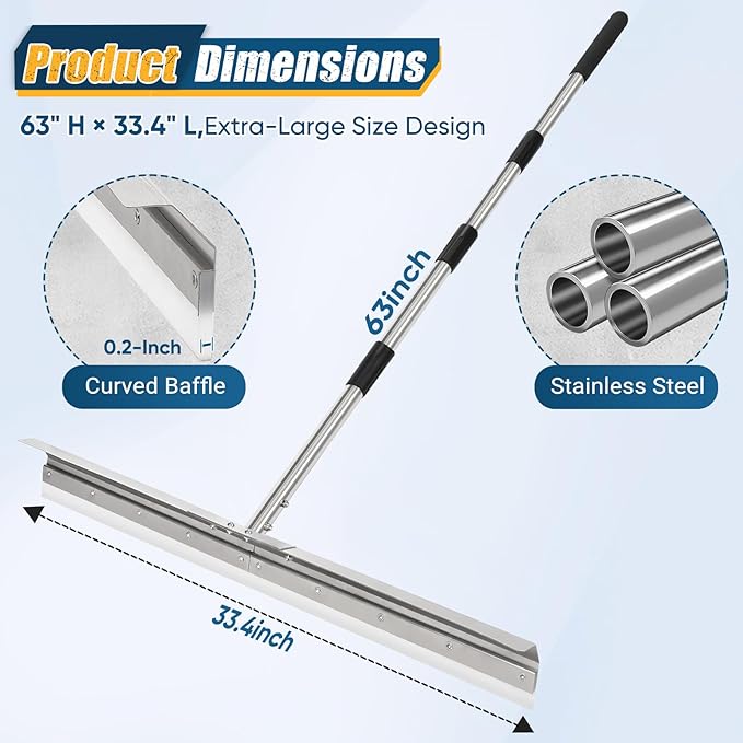 CAROD 33.4" Large Floor Squeegee for Concrete, Commercial Heavy Duty Silicone Blade Squeegee for Floor with 63" Stainless Handle, Anti-Splash Curved Baffle for Garage, Factory, and Tough Cleaning Jobs