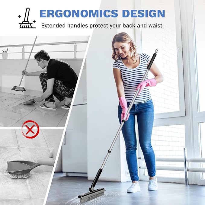 SetSail Grout Cleaner Brush with Long Handle, V-Shaped Floor Scrub Brush Swivel Grout Brush Stiff Bristle Floor Grout Scrubber for Bathroom, Tile Line, Crevice, Kitchen, Wall, Deck, Garage, Black Grey