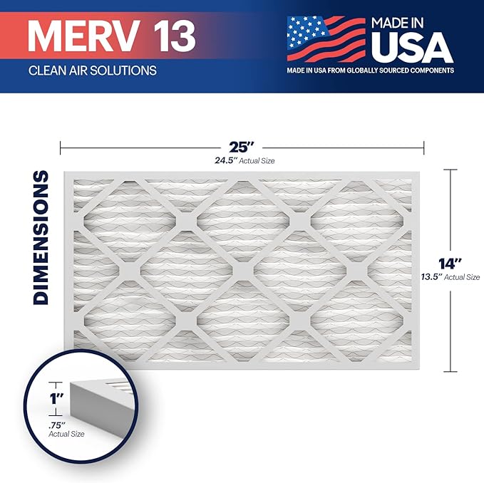BNX 14x25x1 MERV 13 Air Filter 12 Pack - MADE IN USA - Electrostatic Pleated Air Conditioner HVAC AC Furnace Filters - Removes Pollen, Mold, Bacteria