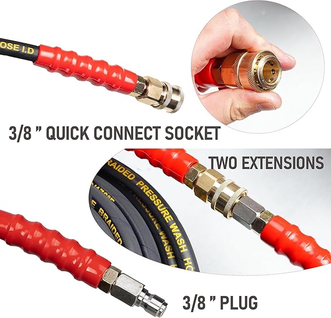 100 FT Pressure Washer Hose with 3/8" Quick Connect, 4000 PSI Kink Resistant High Tensile Wire Power Washer Hose