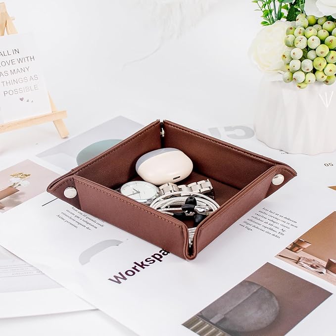 BONNY DODO Valet Tray for Men PU Leather Tray Organizer with Partition, Storage Keys, Watch & Practical Storage for Table Nightstand Living Room Bedroom (Dark Brown-Square)