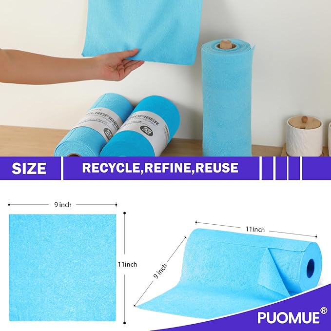 55 Pack Microfiber Cleaning Cloth Roll, Tear Away Reusable Towels, 11" X 9", Ultra Absorbent & Lint Free Microfiber Cloth for Cleaning Cars, Kitchen, Window, Home and Shop, Blue