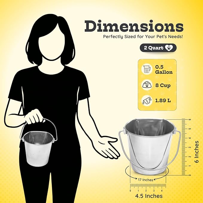 2 quart Stainless Steel Flat Side Bucket | 0.5 gal Durable Heavy Duty Food & Water Feeding Pails for Small Pet Birds Dog Cat | Fits kennel Cages Critter Crates Hanging Pail | Multipurpose