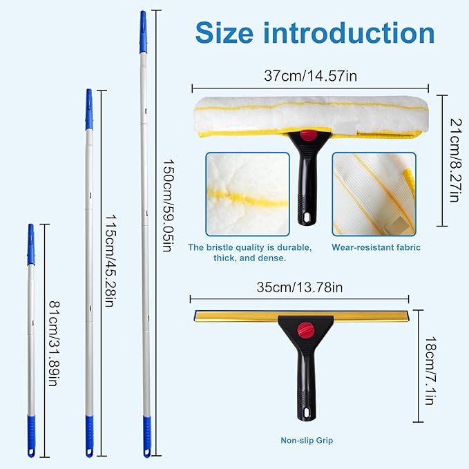 2 in 1 Window Squeegee & Squeegee Broom, 13.78" Heavy Duty Floor Squeegee Mop with 59" Extension Pole & 2 Scrubbers, Industrial Tile Floor Squeegee for Shower Glass Door Car Windshield