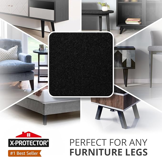 X-PROTECTOR Felt Furniture Pads - 48 PCS 1" - Felt Pads Floor Protectors - Chair Felt Pads - Felt Pads for Furniture Feet - Furniture Pads for Hardwood Floors - Protect Your Floors! (Black, Square)