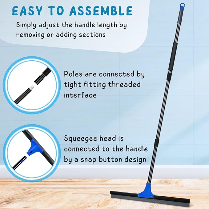 Floor Squeegee for Concrete and Tile Cleaning, 24'' Rubber Wiper Broom, Large Heavy Duty Water Scraper with 60'' Long Handle for Garage, Deck, Bathroom, Shower Glass, Window