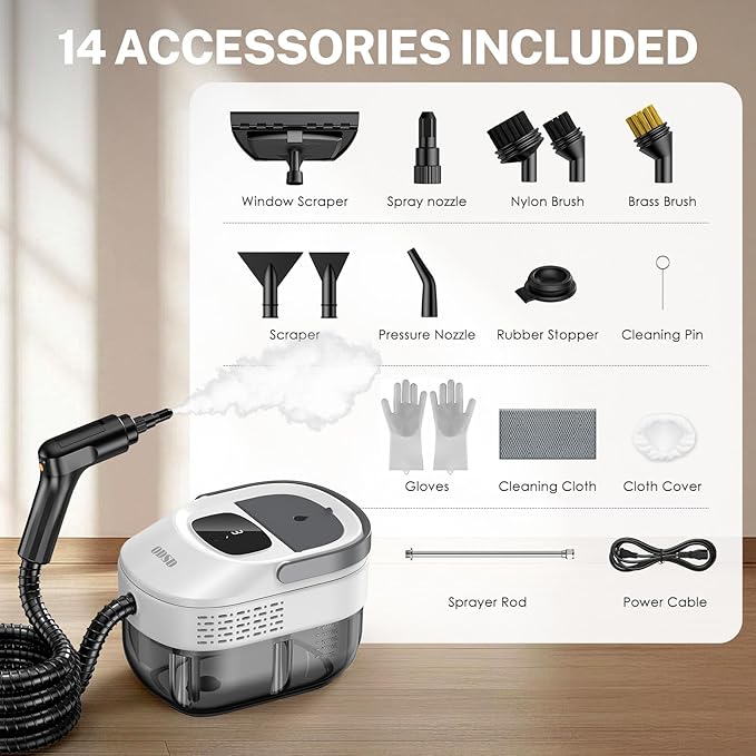 ODSD Steam Cleaner for Home & Car, 3-Level Adjustable Steamer for Cleaning, 15s Heat-Up & 1.6L Large Tank, Handheld Steam Cleaner for Car Detailing, Home, Tile, Grout, Furniture with 15pcs Accessories
