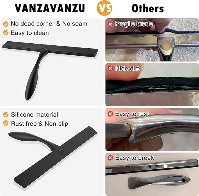 Shower Squeegee for Glass Doors & Microfiber Scrubber Kit 11Inch Window Washing Tools with Non-Slip Handle and Adhesive Hook