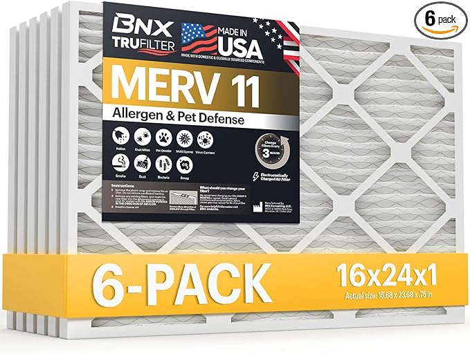 BNX TruFilter 16x24x1 Air Filter MERV 11 (6-Pack) - MADE IN USA - Allergen Defense Electrostatic Pleated Air Conditioner HVAC AC Furnace Filters for Allergies, Dust, Pet, Smoke, Allergy MPR 1200 FPR 7