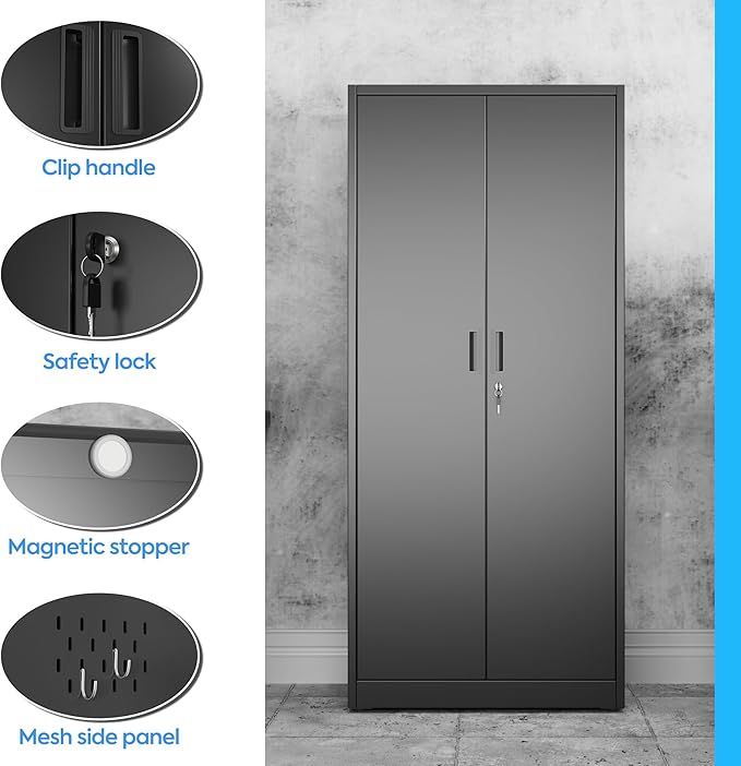 SUXXAN Broom Closet Storage Cabinet, 61.6" x 11.7" x 27.5" Metal Cleaning Cabinets with Hooks and Hanging Rods, Lockable Cabinet with Pegboard, Adjustable Shelf,for Garage, Laundry Room