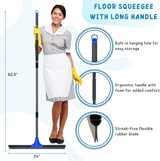 Floor Squeegee for Concrete and Tile Cleaning, 24'' Rubber Wiper Broom, Large Heavy Duty Water Scraper with 60'' Long Handle for Garage, Deck, Bathroom, Shower Glass, Window