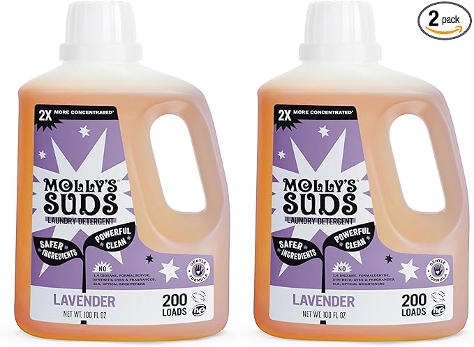 Molly's Suds Liquid Laundry Detergent | Clean Laundry Detergent Soap for Sensitive Skin | 2x Concentrated, High Efficiency (HE) (Lavender - 200 Loads) (Pack of 2)