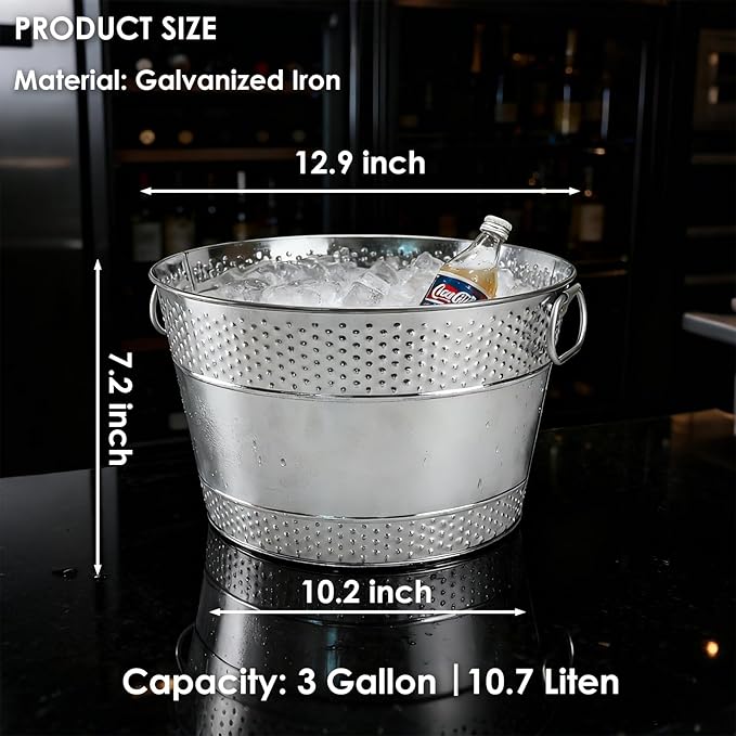 2PCS Galvanized Tub Ice Bucket For Parties, Thick Metal Galvanized Drink Buckets, Beverage Bucket with Handles,Drink Bucket for Indoor & Outdoor Party (Sliver)