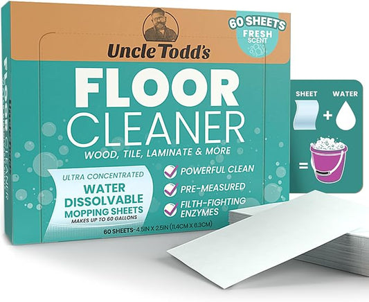 Uncle Todd's Ultra Concentrated Floor Cleaner For Mopping: 60 Natural, 100% Dissolvable Sheets for Mopping – Hardwood & Wood Floor Cleaner with Filth-Fighting Enzymes, Plastic-Free Packaging