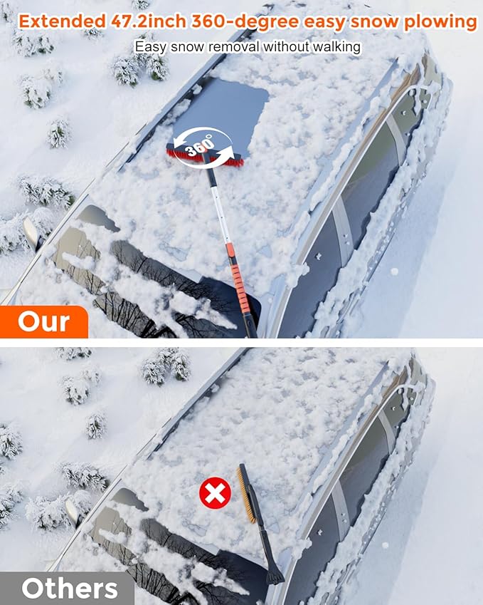 [Upgrade] Ice Scraper & Extendable Snow Brush for Car Windshield [Military-Grade Sturdy] - 360° Pivoting Brush Head with Silicone Grip for Effortless One-Swipe Clean on Auto (Large)