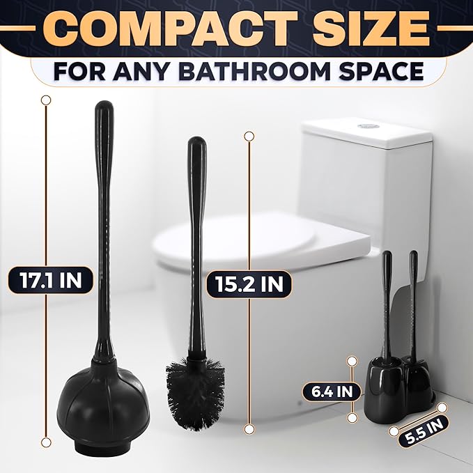 2-in-1 Black Toilet Brush and Plunger Set with Holder – Compact Bathroom Cleaning Combo, Strong Rubber Plunger & Stiff Bristle Brush, Space-Saving Stand, Fits Most Standard Toilets, 9.3×6.3×15.2 inch