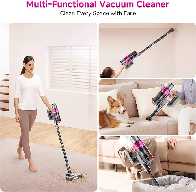 Cordless Vacuum Cleaner: Portable 6-in-1 Stick Vacuum with Anti-Tangle Brush, LED Headlight, Self-Standing, HD display, Rechargeable Vacuum for Pet Hair, Low-Pile Carpet and Hardwood Floor-Purple