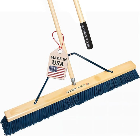 1-Pack - 36" Heavy Duty Outdoor Push Broom with 60" Handle. Ideal for Asphalt, Concrete & Heavy Debris. Durable American Made Steel Brackets-Stainless Steel Hardware. No Plastic. 100% USA Made