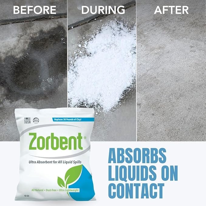 Zorbent Liquid Spill Cleanup 10 Quart Bag | 16X More Absorbent for Grease, Oil, Blood – Reusable for Floor, Carpet, Pet Accident, or Biohazard Mess – Fast Acting, Lightweight, Non-Toxic