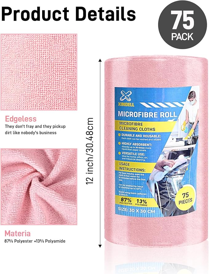 XINDELL Microfiber Cleaning Cloth Roll – 150 Pack 12"x12", Tear-Off Microfiber Towels, Lint-Free, Ultra Absorbent Car Detailing & Cleaning Cloths – Pink