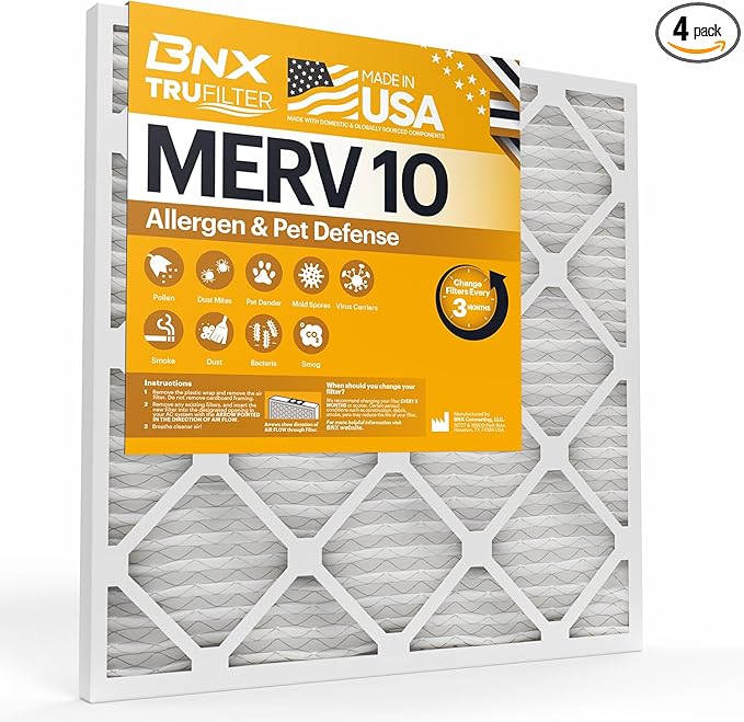 BNX TruFilter 20x25x1 MERV 10 (4-Pack) AC Furnace Air Filter - MADE IN USA - Pleated Air Conditioner HVAC AC Furnace Filters - Removes Odor, Mold, Bacteria, Smoke
