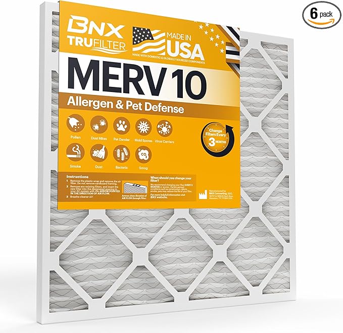 BNX TruFilter 16x20x1 MERV 10 (6-Pack) AC Furnace Air Filter - MADE IN USA - Pleated Air Conditioner HVAC AC Furnace Filters - Removes Odor, Mold, Bacteria, Smoke