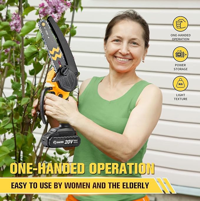 Saker Mini Chainsaw Cordless 6-Inch-Switch Security Lock-Cordless Power Chain Saws-Handheld Small Chainsaw for Cutting Wood Trimming and Woodworking- Mini Chain Saw Cordless with 2 Batteries