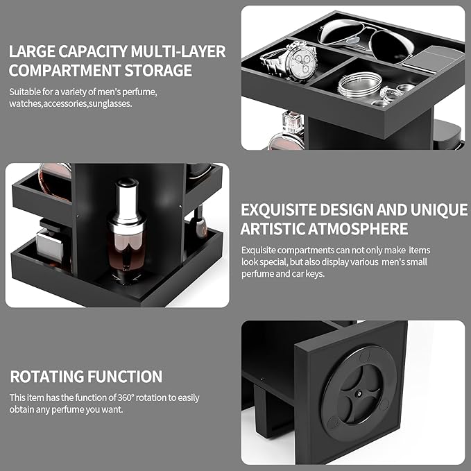 Cologne Organizer for Men, 3-Tier Large Capacity Wood 360° Rotating Cologne Stand, Desk/Nightstand/Bathroom Counter Perfume Storage, Birthday/Father's Day Gifts for Men(Black)