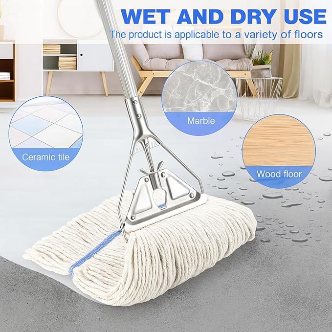 Heavy‑Duty Looped‑End String Wet Mop with Extra Mop Head – 59″ Stainless Steel Pole, Large 450 g Cotton Yarn Head for Commercial & Industrial Cleaning, with Extra Mop Head