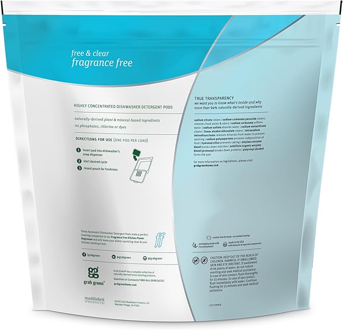 Grab Green Automatic Dishwashing Detergent Pods, 132 Count, Fragrance Free, Plant and Mineral Based, Superior Cleaning, Powerful Grease Removal, Brilliant Shine